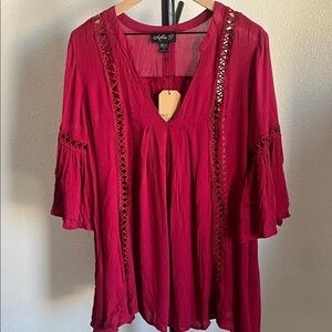 Lola Deep Red Boho Lace Accent Blouse NWT
